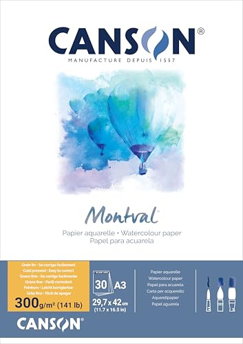 CANSON Watercolour Montval Paper 300gsm A3 Pad 30 White Sheets | Professional Fine Grain Paper, For Professional Watercolour Artists