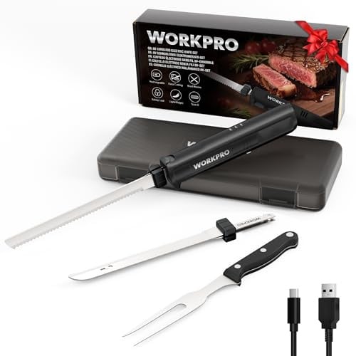 WORKPRO Couteau Électrique Sans Fil 8V, Couteau à Pain Électrique | 2 Lames en Acier Inoxydable, Fourchette, Lavable au Lave-Vaisselle, Étui Inclus, Idéal pour Viande, Pain et Plus, Noir