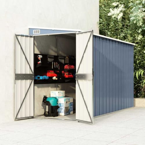 Iiaky Anbauschuppen Wand Metall Gerätehaus Geräteschuppen Kunststoffgriff mit Sperrfunktion Metallschrank Gartenhaus Schuppen Verzinkter Stahl-Grau-118 x 288 x 178 cm