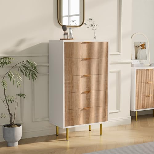 Kommode mit 5 Schubladen, Schrank aus Massivholz, Schubladenschrank, Aufbewahrung, Sideboard, niedrig, Rattan, Kommode, Schlafzimmer, Nachttisch, Buffe, Holz (Naturholz + Weiß, 5 Schubladen)