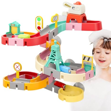 Badewasserkugelstrecke Für Babby – 25 X 10 X 21 cm Abs Badezimmer Wasserspielzeug | Dinosaurierstil 43 Teile, Stadtstil 47 Teile – Saugnapf Badewannenspiel, Rutschbahn