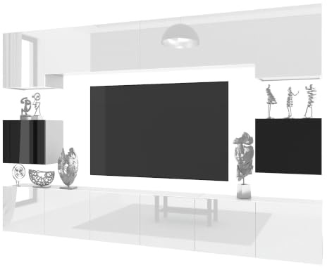 Belini Milano 3 Parete Attrezzata Mobile TV 300cm Bianco Lucido/Nero Lucido | Parete attrezzata per soggiorno, mobile TV moderno, spazio di archiviazione pratico