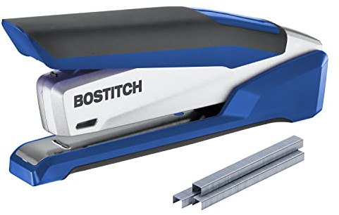 Bostitch Office InPower Spring-Powered Premium Desktop Stapler - One Finger, No Effort, Blue/Silver (1118)