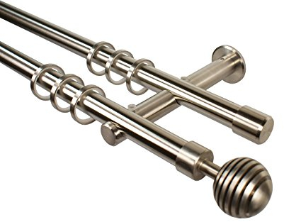 Edelstahl Gardinenstangen 2-läufig 20 mm mit Endstück Scheibenkugel, 120 cm