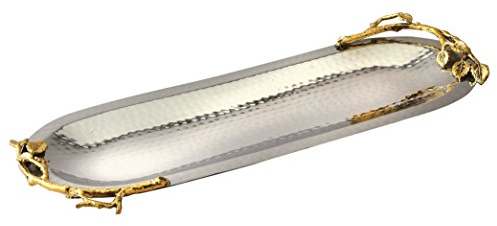Elegance Golden Vine Hammered Stainless Steel Oval Tray, 15.25 by 5.75-Inch, Silver/Gold