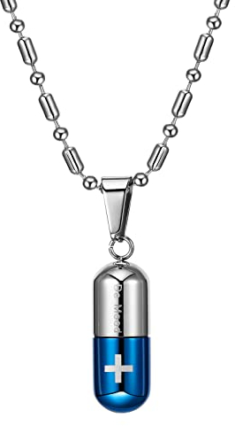 Flongo SOS Anhänger, Damenkette Herrenkette Edelstahl Anhänger Halskette Blau Silber Kruzifix Kreuz SOS Notfall-Kapsel Herren Damen, mit 55cm Kette