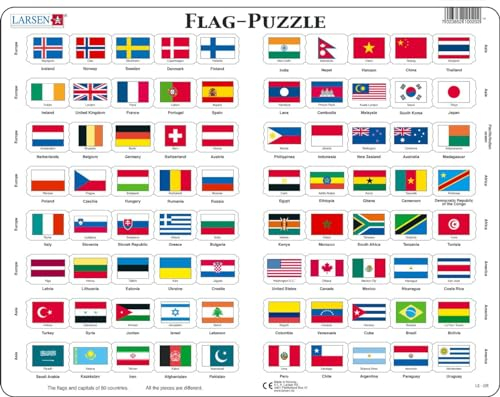 Larsen L2 Country Flags Jigsaw Puzzle - English Edition Age 6+ - 80 Pieces | Learn Countries & Flags | Educational & Fun Gift | Boxless Tray & Frame | Made in Norway