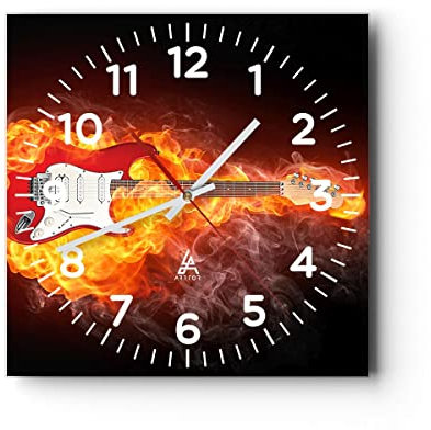 Modern Wanduhr Flammen Gitarre Instrument 30x30cm Quadrat Klein Wand Uhr Glas Analog Zimmeruhren Küche Büro Wohnzimmer Glasuhr Wall Clock Dekoration Design Wanddekoration Küchenuhr C4AC30x30-0196