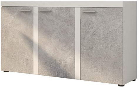 Mirjan24 Kommode Rango 3F mit 3 Türen, Highboard, Anrichte, Sideboard, Mehrzweckschrank, Naturtöne, Wohnzimmerschrank, Anrichte, Schrank (Weiß/Beton Hell)