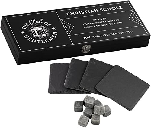 LAUBLUST Whisky Geschenk-Set Personalisiert - Gentleman Club | Whisky-Box aus Holz | 10 Whiskey-Steine | 4 Untersetzer