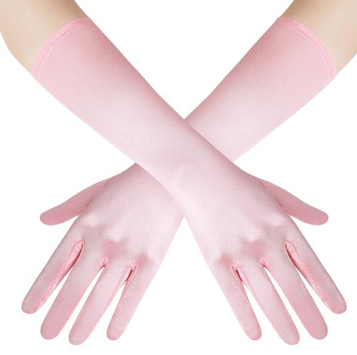 BABEYOND Long Opera Party 20s Satin Gloves Stretchy Adult Size Elbow Length 15 Inches, Pink, One Size