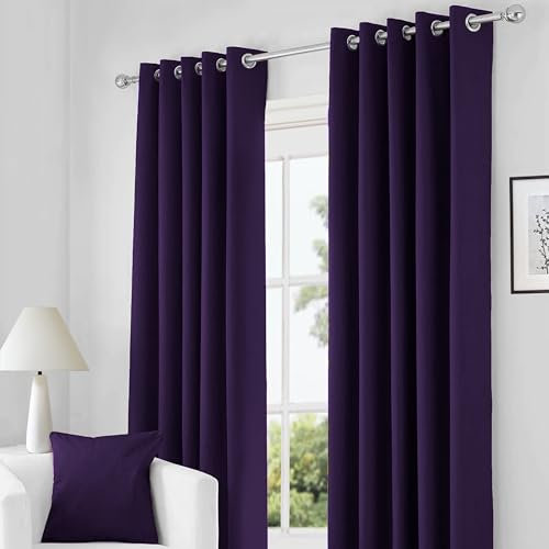 RayyanLinen Readymade Blackout Thermal Eyelet Ring Top Pair of Curtains Including 2 free Tiebacks (AUBERGINE PURPLE, Width 66 x Drop 54)