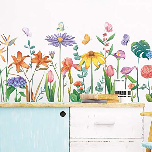WandSticker4U®- Wandtattoo Kinderzimmer WILDE BLUMEN bunt groß (111x48 cm) I Wandsticker Kinderzimmer Blumen Blumenwiese Schmetterlinge Frühling I Wandaufkleber Kinderzimmer Deko Mädchen Junge XXL