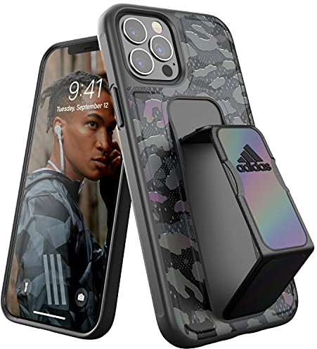 adidas Case designed for iPhone 12 case, iPhone 12 Pro case, 6.1 inch, hand strap drop tested cases, shockproof raised edges, sport leopard protective case, grey/black