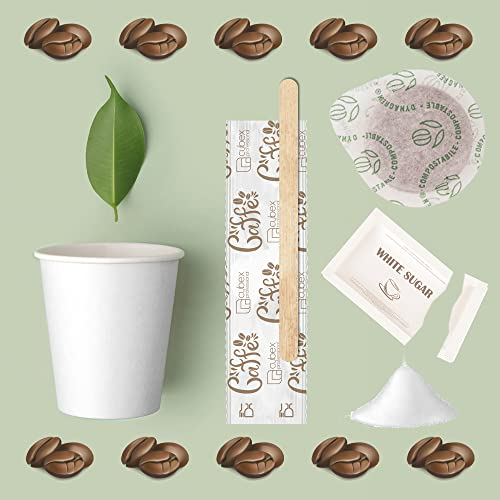 cubex professional Kit Caffè 500 Pezzi Formato da 150 Bicchierini in Cartoncino riciclabili da 75 ml, 150 Bustine di Zucchero, 150 Palettine in Legno 9 cm e 50 Cialde Compostabili