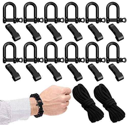 12 PCS Boucle De Manille, Acier Réglable D Manilles Boucle Manille en Forme de U Attache Manille Bracelet Paracorde pour Randonnée le Camping et la Survie dans la Nature(Noir)