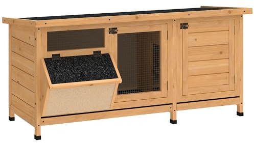 PawHut Wooden Rabbit Hutch Bunny Hutch Cage Guinea Pig with Waterproof Roof, No Leak Tray and Feeding Trough, Indoor/Outdoor, Natural