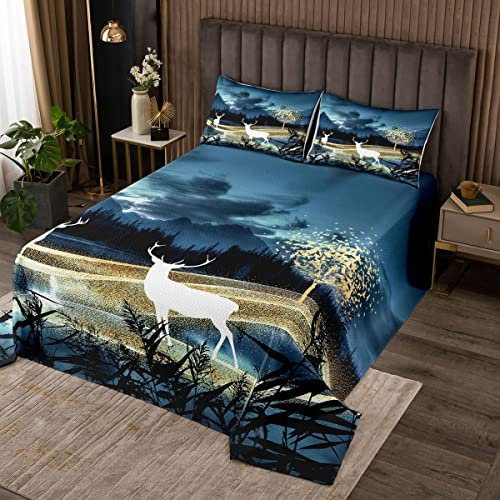feelingyou Weihnachten Elch Steppdecke,Goldene Bäume Galaxy Tagesdecke 240x260cm Kinder Erwachsene, Natürliche Nachtlandschaft Bettdecke Sets 3 Stück mit 2 Kissen Shames, Weicher Stoff