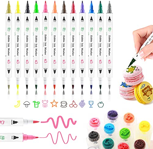 Food Colouring Pen,12pcs Edible Markers Icing Pens Double Side Food Grade Edible Pens for Cake Decorating with Fine&Thick Tip,Edible Gourmet Writer for Cookies,Fondant,Desserts,Easter Eggs Decor Pens