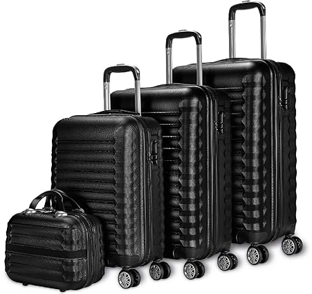 NUMADA - Gepäck-Set und Kulturbeutel 4 Stück Schwarz, groß 75cm, mittel 63cm, klein 53cm und Kulturbeutel, ABS, starr, widerstandsfähig, 4 Doppelräder, leicht, seitliches Kombinationsschloss