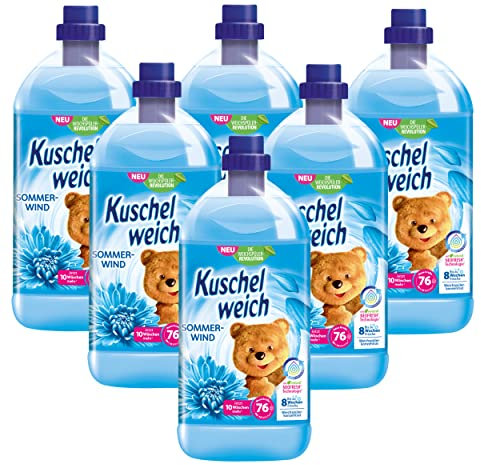 Kuschelweich Weichspüler Sommerwind, Hautverträglichkeit dermatologisch bestätigt, Weichspüler Kuschelweich ohne Mikroplastik, praktischer Vorrat 6 x 2 Liter je 76 Waschladungen