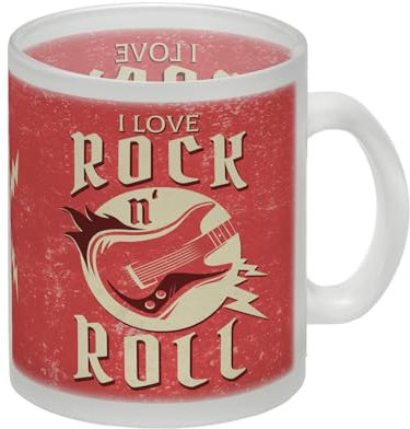 I Love Rock 'n' Roll Glas Tasse mit Gitarren Motiv im rustikalen Stil als Geschenkidee für Freunde des Rock und Rockabilly Glas Tasse Wer eine Geschenkidee für echte Rocker unter
