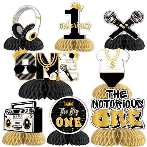 8 Stück The Notorious One Geburtstagsdekorationen, Schwarz/Gold 1. Geburtstag Honeycomb Tafelaufsätze – The Big One Thema First Birthday Dekoration, Hip Hop 3D Tischdekoration