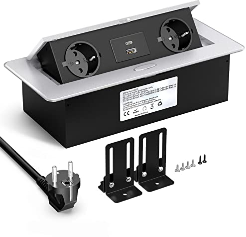 Ohuo Versenkbare Steckdosenleiste mit USB C PD 20W, Versenkbare Tischsteckdose mit USB und USB C, Versenkbare Steckdose Küche Aluminium 1,8M Kabel