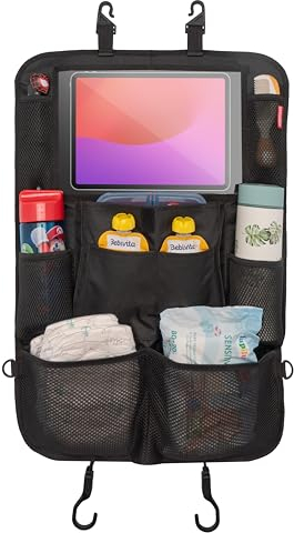 HerzensKind Rückenlehnenschutz und Organizer. Auto Organizer mit extra großem 13 Tabletfach und 9 Taschen. Sitzschoner mit Tablethalter für Autofahrten mit Kindern.(1 Stück)