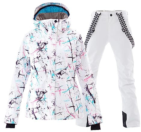 ALSOGO Damen Skianzug Schneeanzug Winddicht Wasserdicht Skifahren Snowboardjacke Trägerhose Set Zum Skifahren Snowboarden Klettern SMNWT+White M
