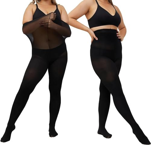 LiiYoang Strumpfhosen Damen Schwarz Blickdicht 40 Den M-4XL, 2er-Pack Große Größen Bauchweg Strumpfhose Reißfest