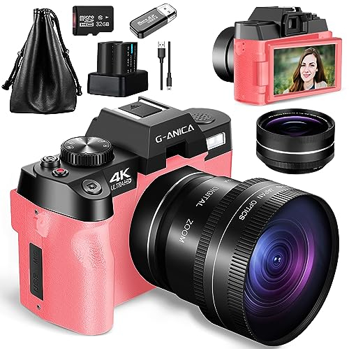 G Fotocamere digitali 4K per la fotografia, fotocamera Vlogging 48MP per YouTube con WiFi, fotocamera Flip Screen compatta 180° con flash, zoom digitale 16X con obiettivo grandangolare e macro(Pink)