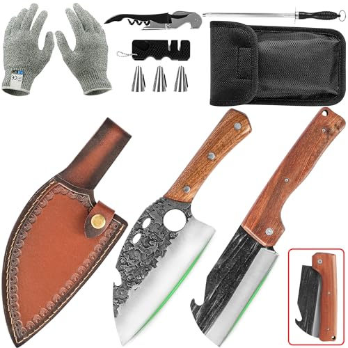 FULLHI Set di coltelli da macellaio e da cuoco pieghevoli, set di coltelli da cucina portatili forgiati in acciaio ad alto tenore di carbonio per il campeggio all'aperto e il barbecue