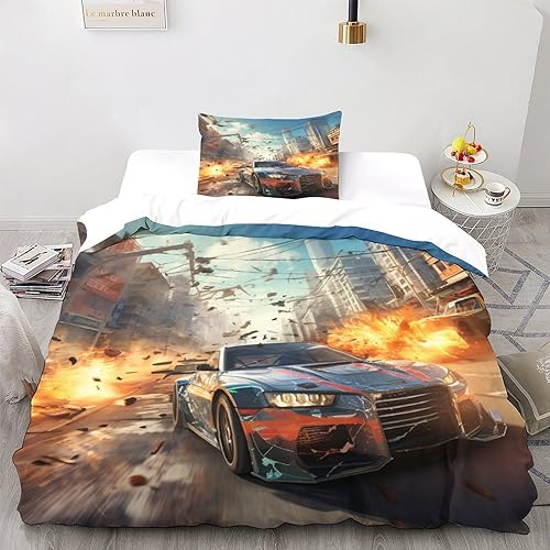 LSORU Need for Speed Bettwäsche-Sets Mit 3D-Druck Bettbezug Set, Mikrofaser Bettbezug Mit Reißverschluss Und Kissenbezug Weich Haltbar Atmungsaktive Single(135x200cm)
