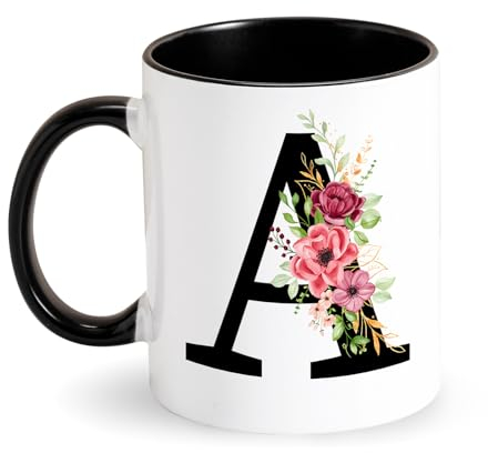 Taza Personalizada Inicial Taza con Letra y Flores Taza de Cerámica 350ML Tazas Inicial Tazas de Café Negro Regalos Originales para Mujeres Regalos de Cumpleaños Navidad (A)
