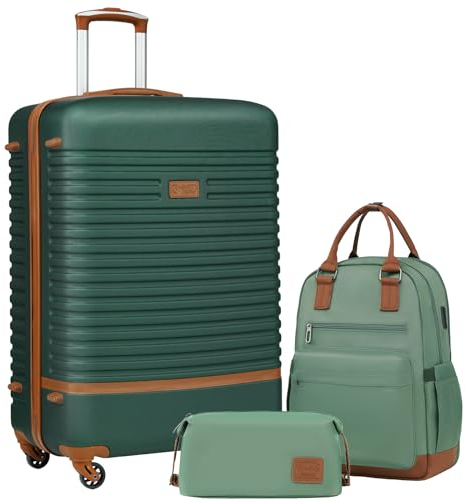 COOLIFE Koffer Trolley Koffer Reisekoffer von ABS Hartschalen Trolley 4 Rollen TSA-Schloss Der Koffer Enthält 1 Reiserucksack und 1 Kulturbeutel (Dunkelgrün/Braun, Mittlerer Koffer-Set 3tlg)