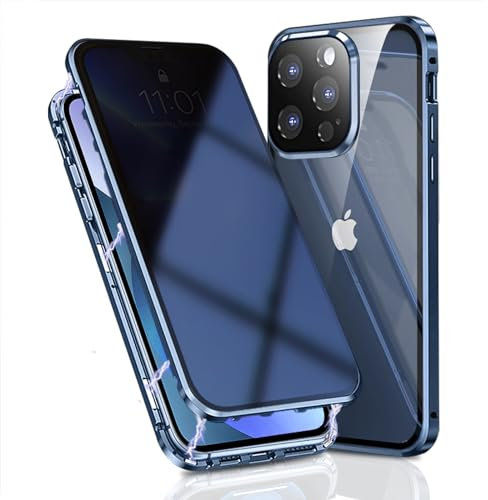 OMGZONE Privacy Case for iPhone 15 Pro Max Magnetic Cover,Screen Protector built-in Anti-peep Tempered Glass Full Cover with Camera Protector,360 Degree Metal Bumper Case for iPhone 15 Pro Max,Blue