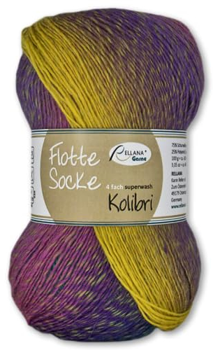 Frida's Wollhaus Rellana 100 g Flotte Socke Kolibri 4-fädig Sockenwolle 14 Farben (6218 | gelb | pink | türkis | lila)