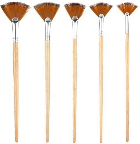 5pcs Ensemble de Pinceaux, Pinceaux Éventail Pinceaux Acrylique avec Poils en Nylon et Long Manche en Bois Pinceaux de Peinture pour Artistes Aquarelle Acrylique Peinture à l'huile
