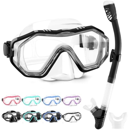 HINATAA Set per Snorkeling Adulti con Maschera e Silicone Boccaglio,Lente PC Maschera Subacquea,180°Maschere Immersione,Anti-Fog Anti-Perdite Kit Snorkeling Giovani Adulto Donna Uomo