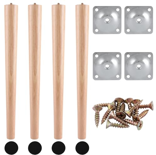 CYEER Lot de 4 pieds de meubles en bois, 40 cm, ronds, en chêne brut, de rechange, pour remplacer les vieux pieds de meubles pour canapés, tables à manger et armoires TV