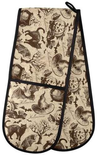 ZZXXB Halloween Cat Bat Double Oven Mitt Heat Resistant Non-Slip Kitchen Gloves Extra Long 7 x 35 for Cooking Baking Barbecue Grilling