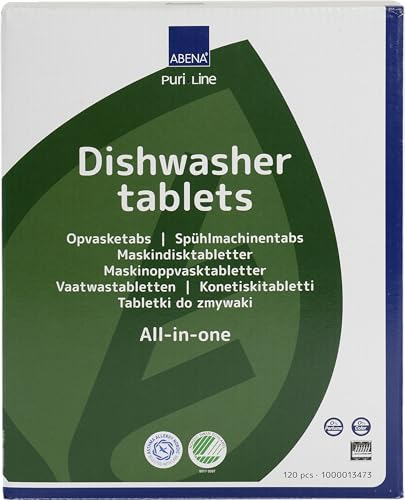 ABENA PuriLine Dishwasher Tablets with Salt & Rinse Aid |120 Dishwasher Tabs in a Pack| All-In-One Dishwasher Detergent Pods, Contains Salt and Rinse Aid, Easy To Use Dishwasher Pods