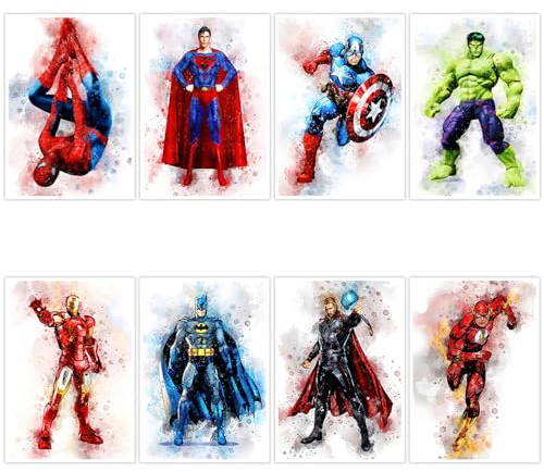 Ubephant Superhelden Poster, Superhelden Aquarell Kunst Poster, P-oster Anime 8 Stück SuperHero Wanddekorationen Anime Bilder Aquarell Kunst, 21x30cm