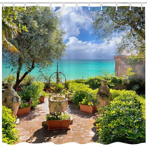 JOOCAR Sunny Seaside Garden with Beautiful Scenery Shower Curtain 3D Bath Curtain Waterproof Shower Curtains Bathroom Decor 72x72 Inch