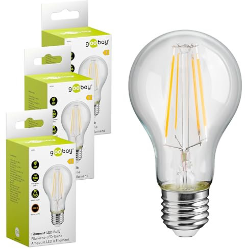 goobay 74102 E27 Filament LED Birne 7W / LED Birne mit E27 Fassung/LED Lampe mit geringer Wärmeentwicklung/Nicht dimmbar/Verbrauch 7 kWh/1000h / warmweißes Licht 2700K / Kristallklar / 3 Stück