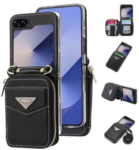 Jeelar ESONG LederHülle für Samsung Galaxy Z Flip 6 Tasche,Reißverschluss Brieftasche Schutzhülle mit Band/Kartenfäche/ständer,Z Flip 6 Wallet Cover Case Stoßfeste Handyhülle für Frau/Damen-Schwarz