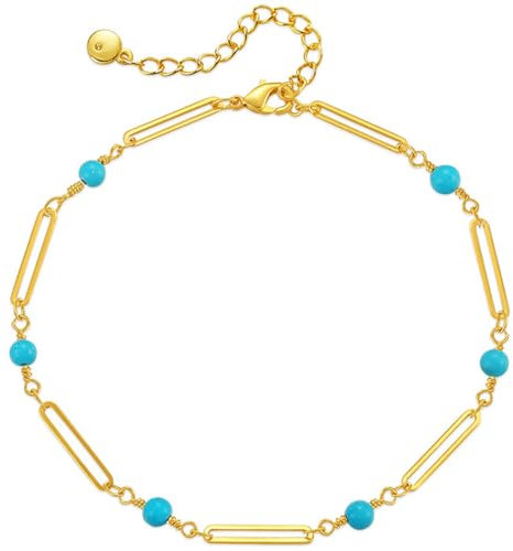 JDGEMSTONE Handgemachte Büroklammern Fußkette,Boho Fußkettchen,Perlen Fussketten für Frauen,Türkis Fußkettchen für Damen,Mädchen,Fusskettchen Gold 585 Echtgold,Strand Accessoires,Designer Fußkettchen