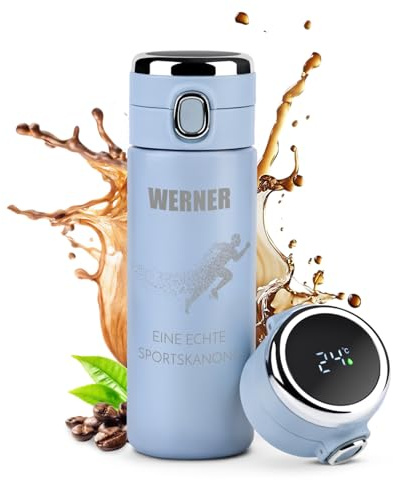 Maverton Trinkflasche mit Gravur 400 ml mit LED-Touch-Anzeige - Thermobecher auslaufsicher 100% dicht - Thermosflasche aus Edelstahl - Reisebecher für Männer - blau - Sportskanone