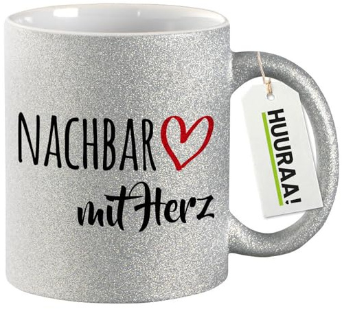 Huuraa Glitzertasse Nachbar mit Herz Geschenk | Motivtasse 330ml Glitzer Tasse mit Spruch Silber Keramik Kaffeebecher Geschenkidee Silver Glitter Becher mit Motiv